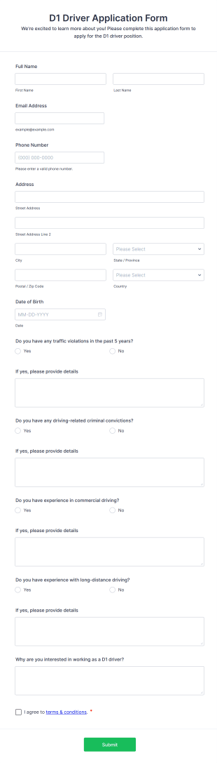 D1 Driver Application Form Template