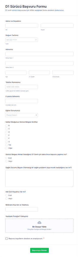 D1 Sürücü Başvuru Form Şablonu