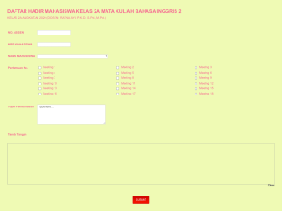 DAFTAR HADIR BAHASA INGGRIS 2 (DOSEN: RATNA AYU P.K.D., S.Pd., M.Pd.)