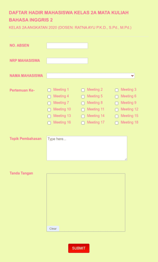 DAFTAR HADIR BAHASA INGGRIS 2 (DOSEN: RATNA AYU P.K.D., S.Pd., M.Pd.)