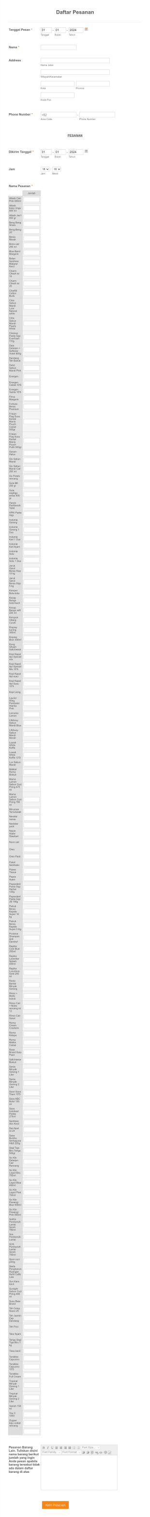 Daftar Pesanan Form Template