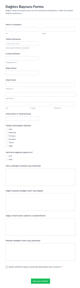 Dağıtıcı Başvuru Form Şablonu