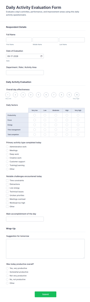 Daily Activity Evaluation Form Template