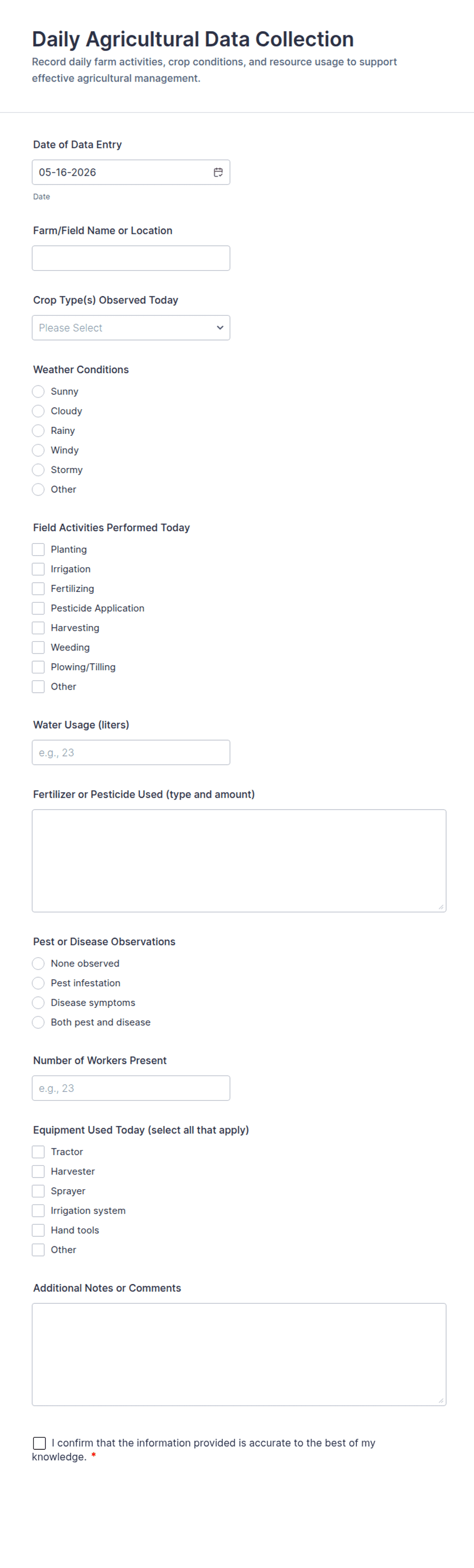 Daily Agricultural Data Collection Form Template | Jotform