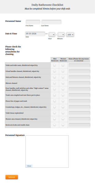 Daily Bathroom Checklist Form Template