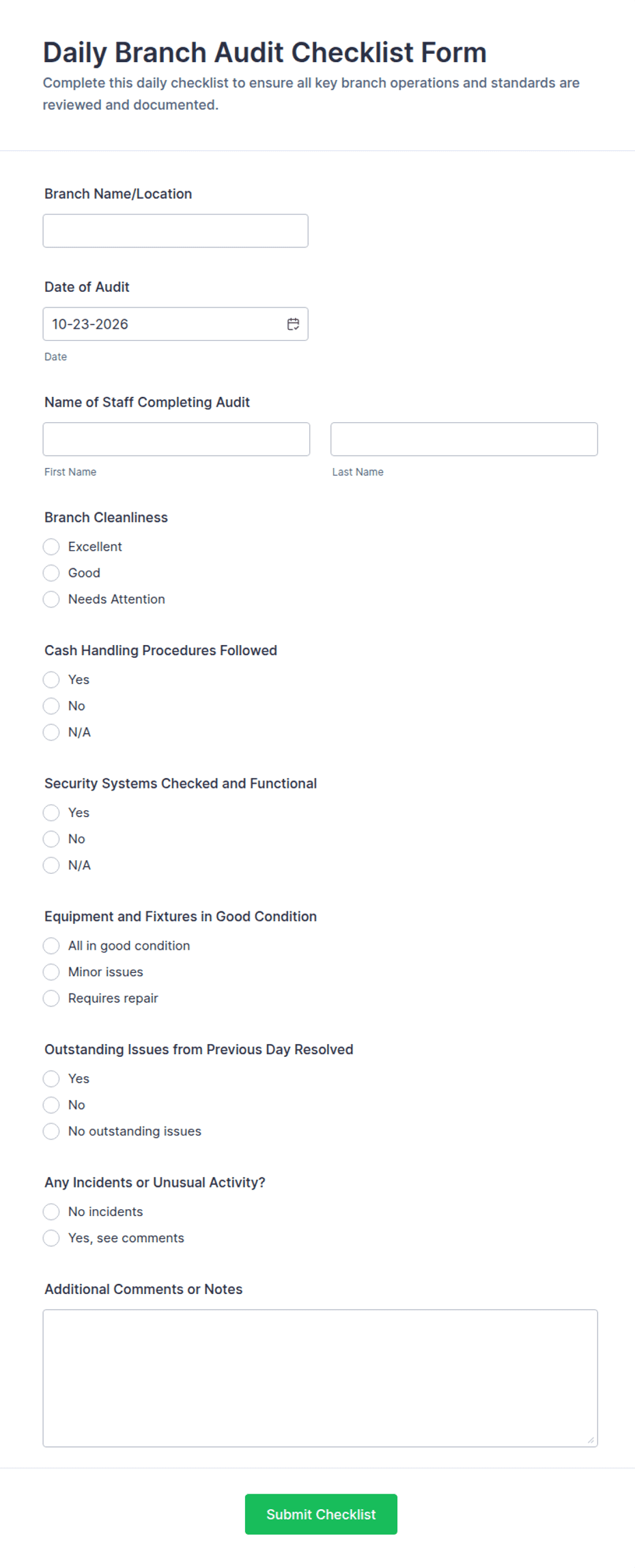 Sample Program Audit Checklist Daily Branch Audit Checklist Form Template | Jotform