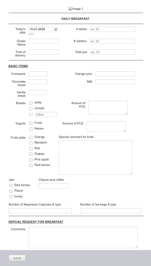 Daily Breakfast Sheet Form Template