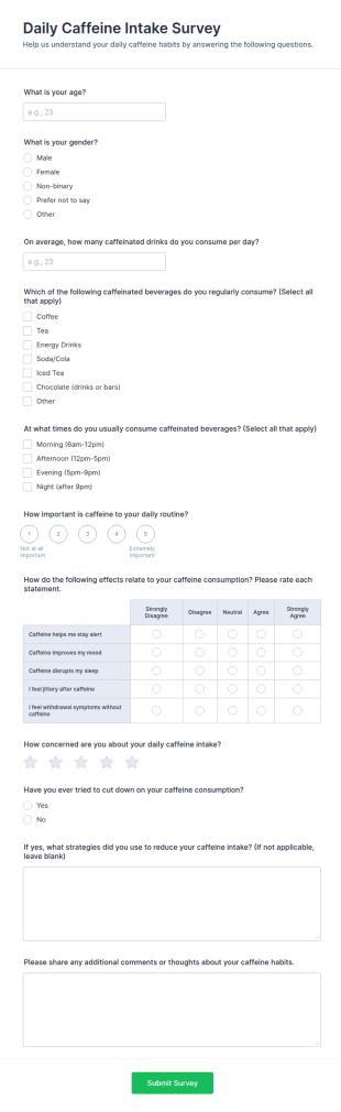 Daily Caffeine Intake Survey Form Template