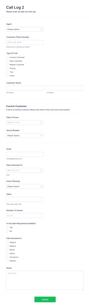 Daily Call Log Form Template