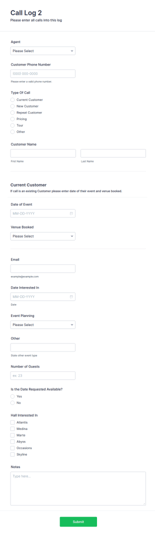 Daily Call Log Form Template