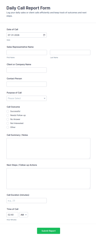 Daily Call Report Form Template