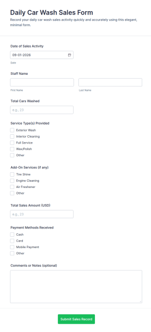 Daily Car Wash Sales Form Template