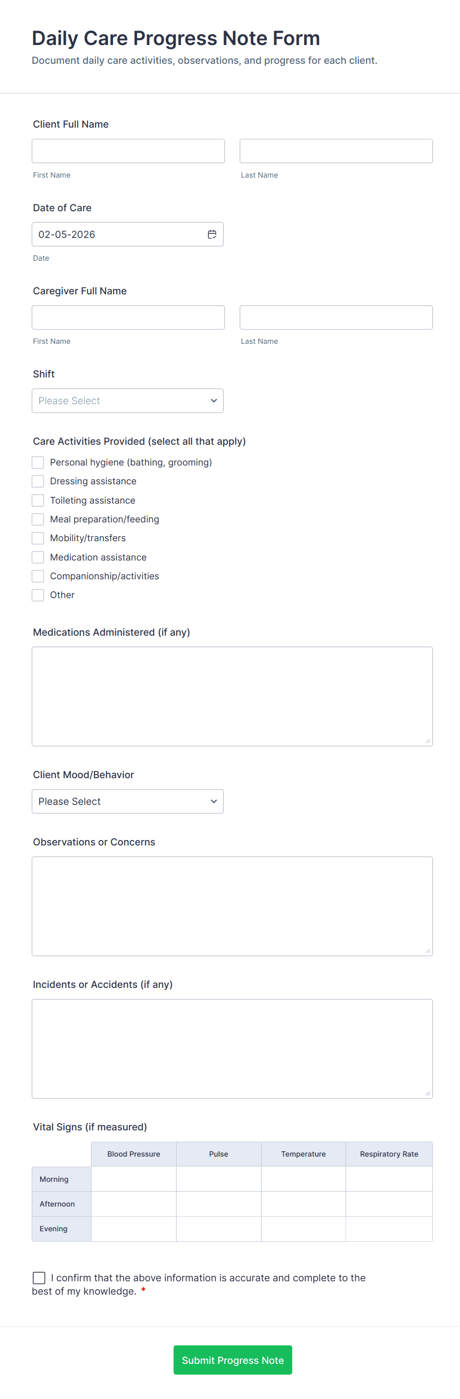 Daily Care Progress Note Form Template | Jotform