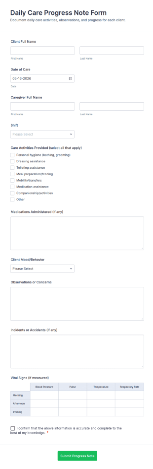 Daily Care Progress Note Form Template