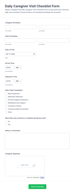Daily Caregiver Visit Checklist Form Template