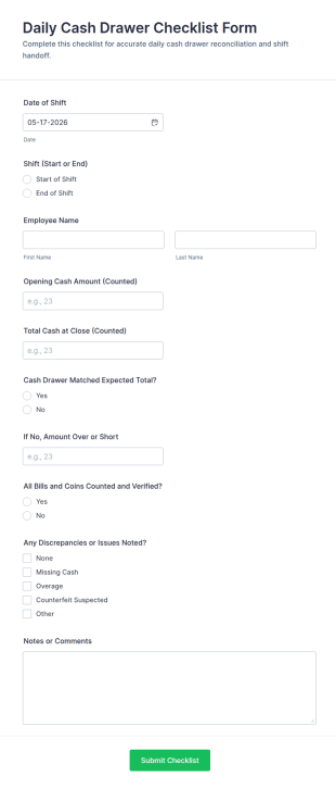 Daily Cash Drawer Checklist Form Template