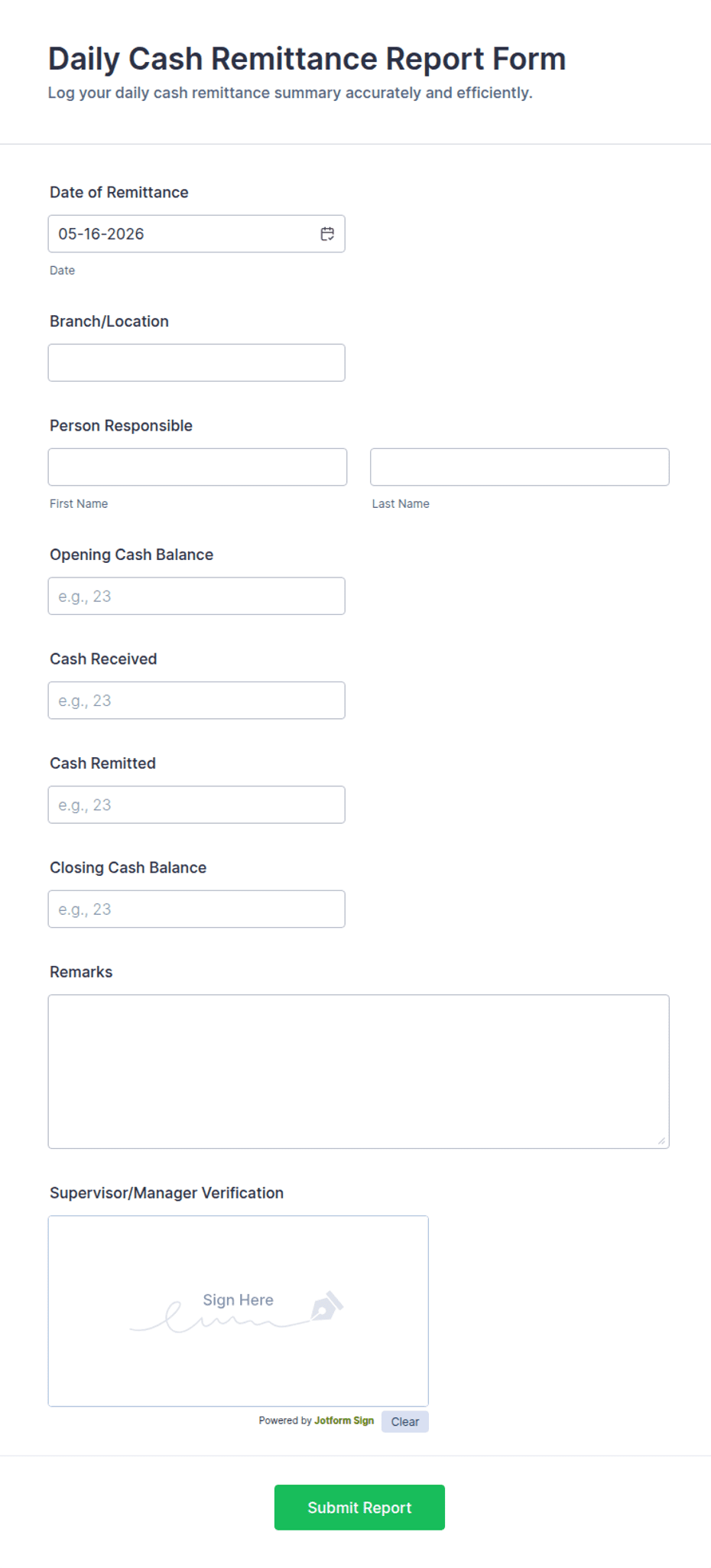 Daily Cash Remittance Report Form Template | Jotform