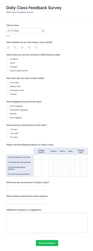 Daily Class Feedback Survey Form Template