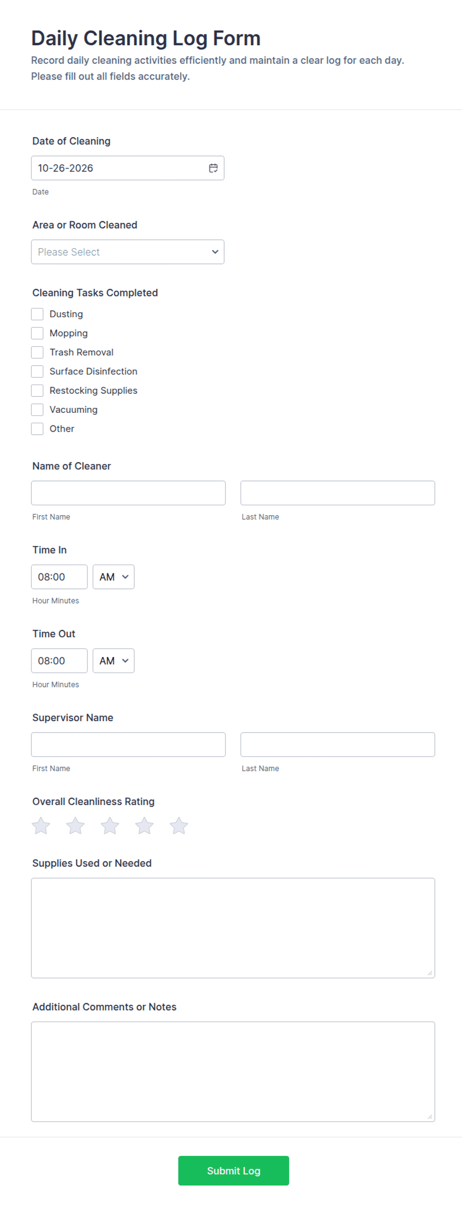 Cleaning Log Examples Daily Cleaning Log Form Template | Jotform