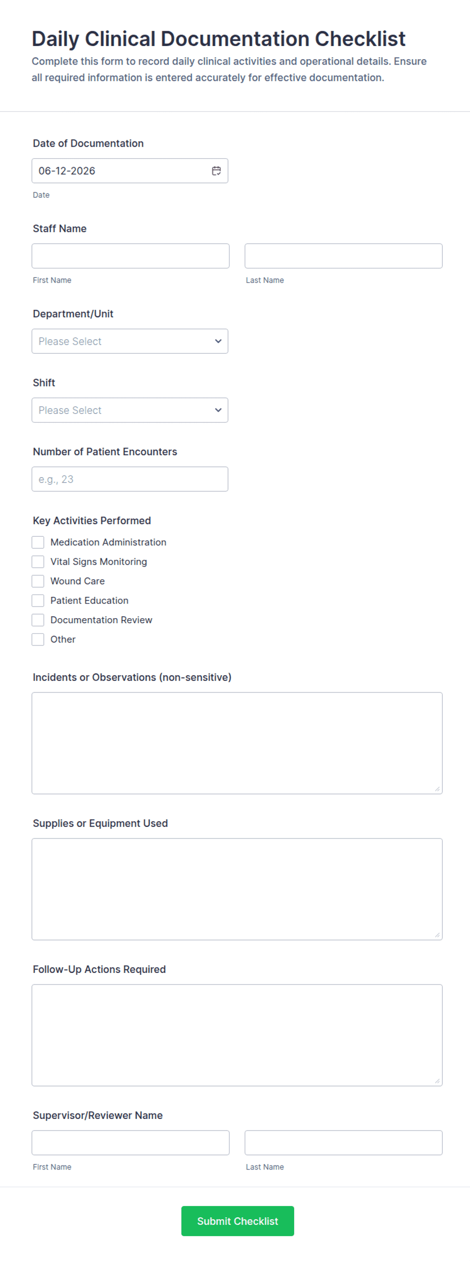 Daily Clinical Documentation Checklist Form Template | Jotform