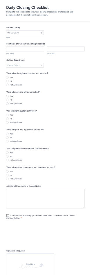 Daily Closing Checklist Form Template
