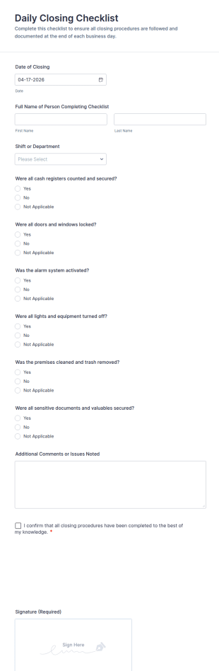 Daily Closing Checklist Form Template
