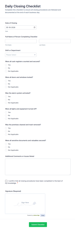 Daily Closing Checklist Form Template
