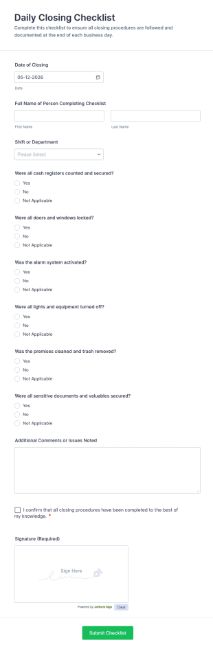 Daily Closing Checklist Form Template
