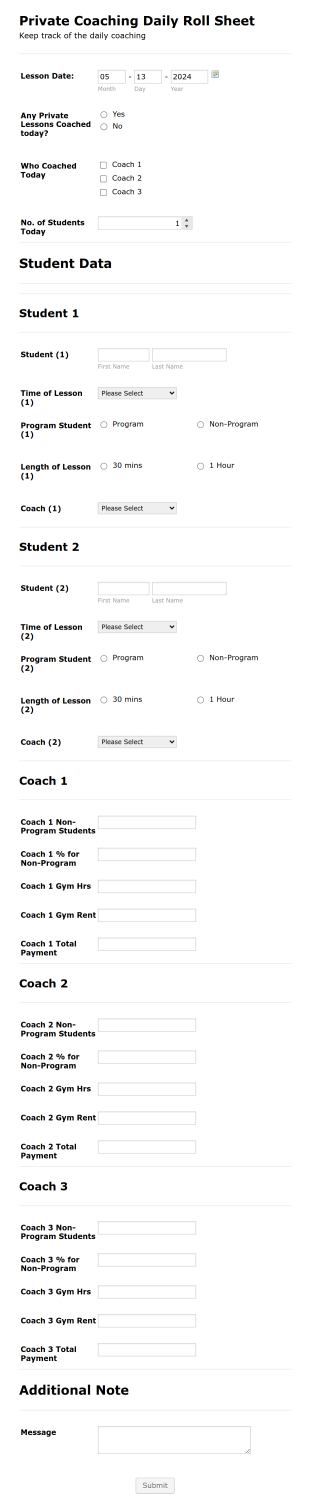 Daily Coaching Sheet Form Template