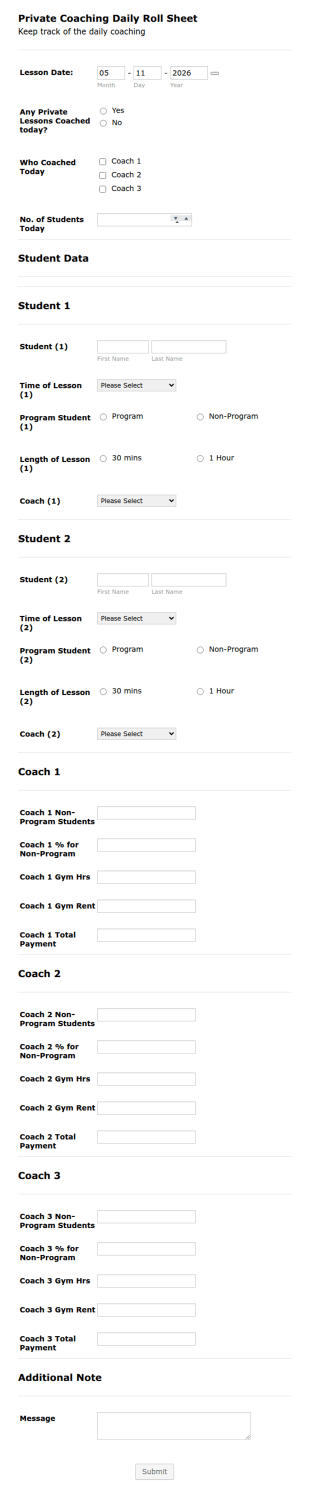 Daily Coaching Sheet Form Template