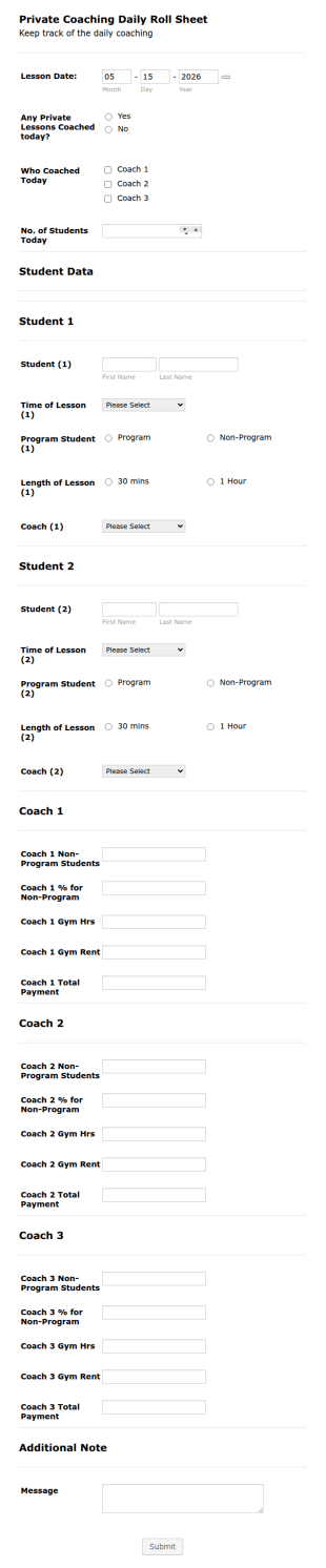 Daily Coaching Sheet Form Template