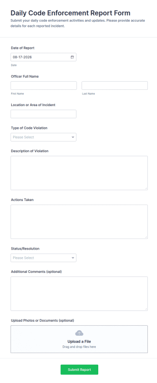 Daily Code Enforcement Report Form Template