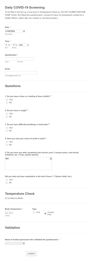 Daily Company Covid 19 Screening Form Template