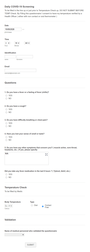 Daily Company Covid 19 Screening Form Template
