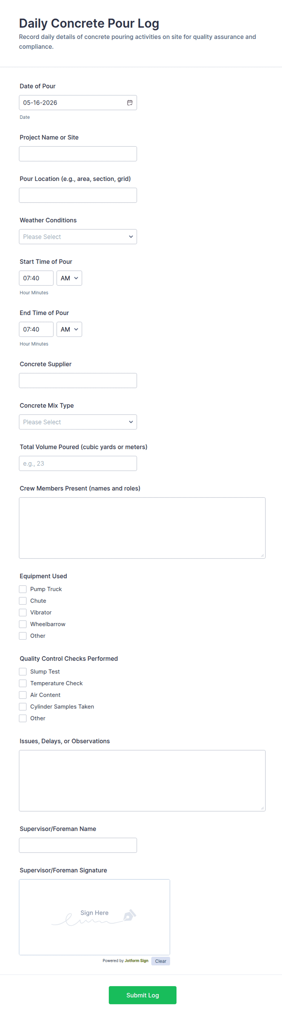 Cement Log Format Daily Concrete Pour Log Form Template | Jotform