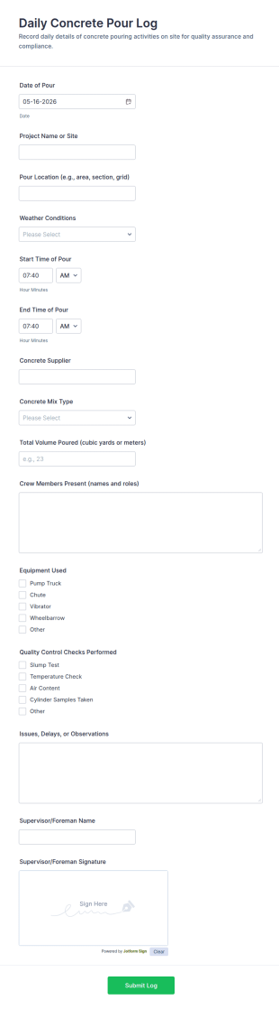 Daily Concrete Pour Log Form Template