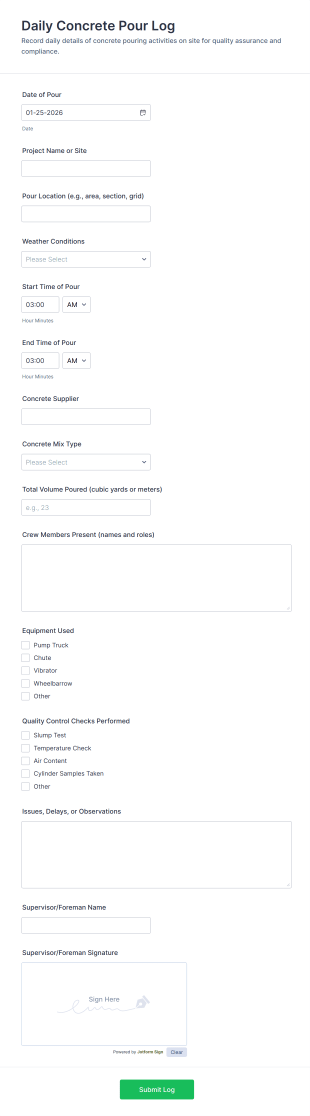 Daily Concrete Pour Log Form Template