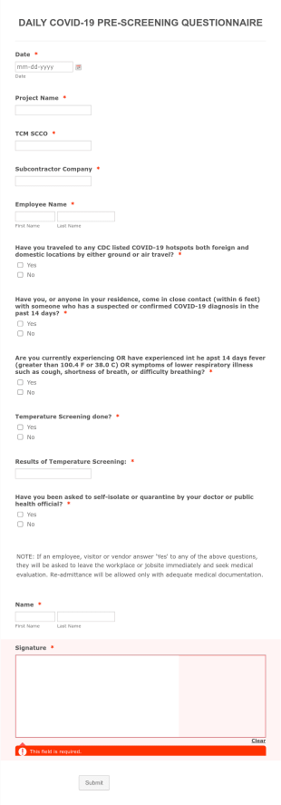 Daily Covid 19 Pre Screening Questionnaire Form Template