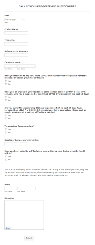 Daily Covid 19 Pre Screening Questionnaire Form Template
