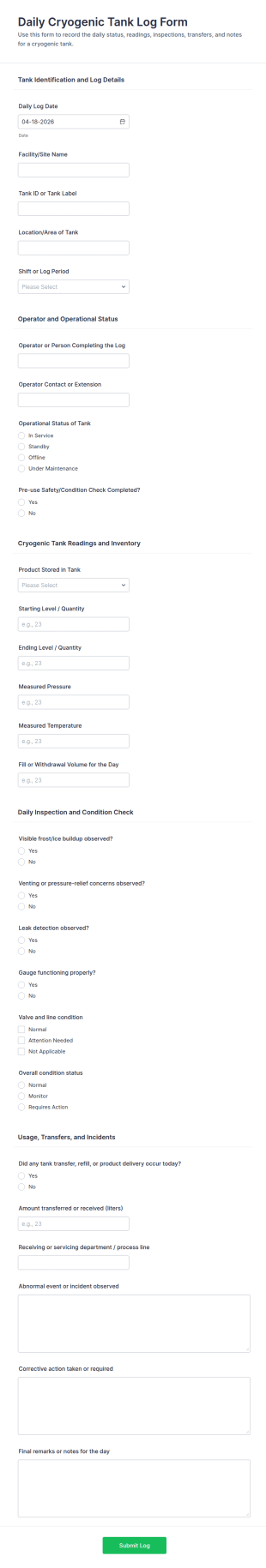 Daily Cryogenic Tank Log Form Template