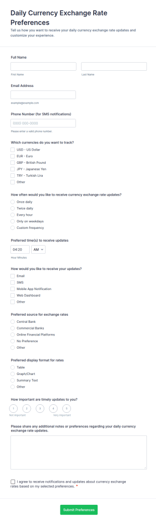 Daily Currency Exchange Rate Preferences Form Template
