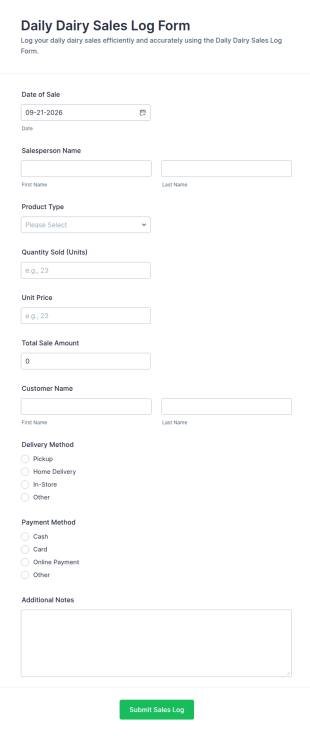 Daily Dairy Sales Log Form Template