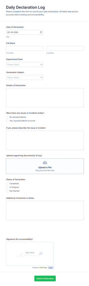 Daily Declaration Log Form Template