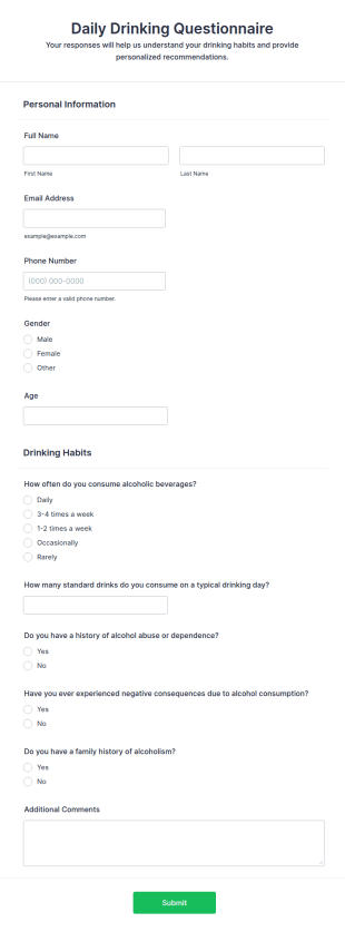 Daily Drinking Questionnaire Form Template