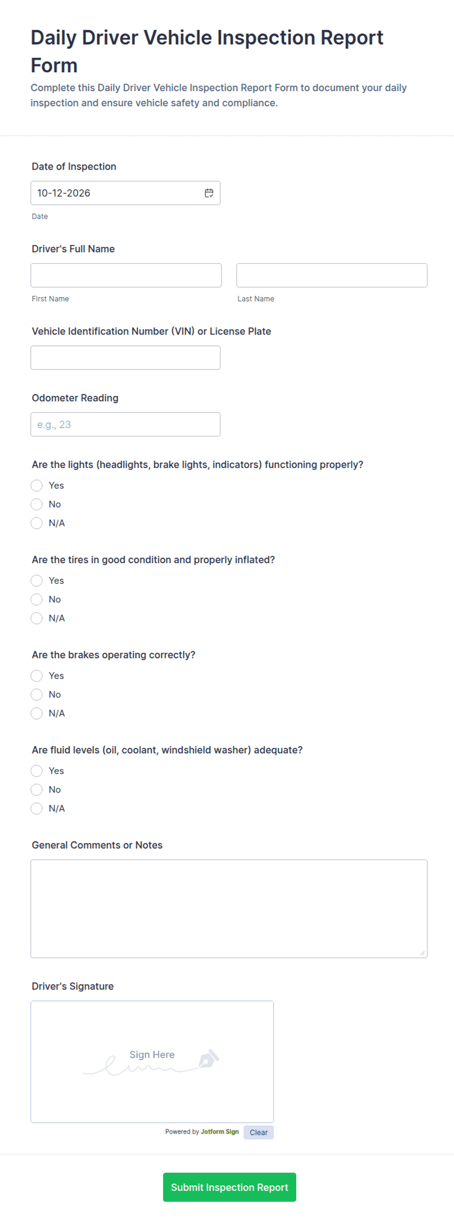 Daily Driver Vehicle Inspection Report Form Template | Jotform
