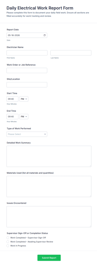 Daily Electrical Work Report Form Template
