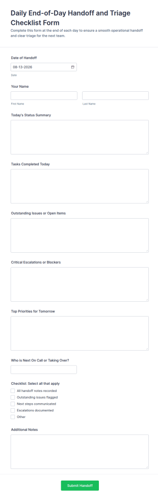 Daily End Of Day Handoff And Triage Checklist Form Template