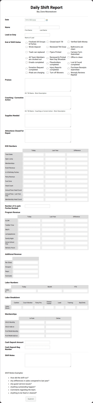 Daily EOD Report Template Form Template