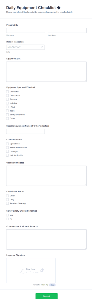 Daily Equipment Checklist 🛠️ Form Template