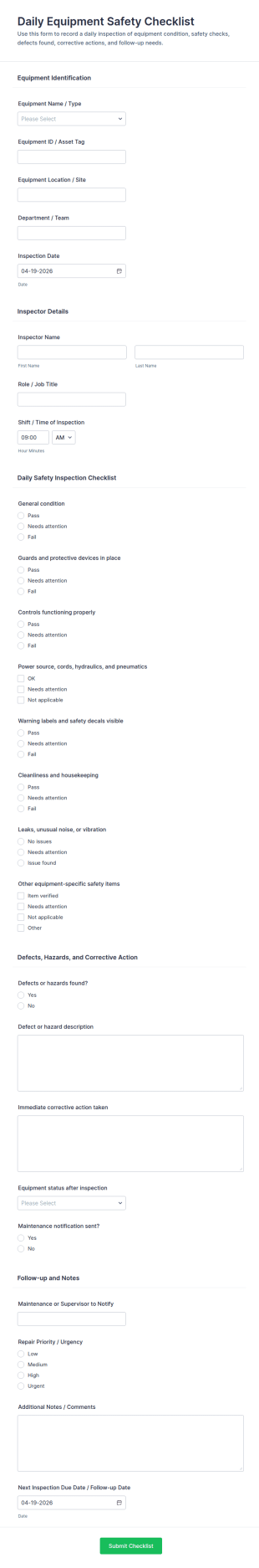 Daily Equipment Safety Checklist Form Template